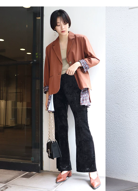 MURUA Mẫu mùa thu và mùa đông của phụ nữ Nhật Bản in đường khâu màu tương phản ve áo nhỏ phù hợp với áo khoác ngắn rộng rãi giản dị tất cả các kết hợp - Business Suit