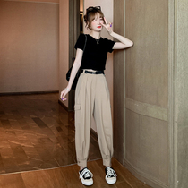 Western-style overalls suit female summer 2022 new small short-sleeved T-shirt nine-point dad pants two-piece set