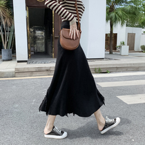 Tassel knitted skirt womens autumn and winter 2022 new high-waisted thin mid-length wool pleated skirt a-line long skirt
