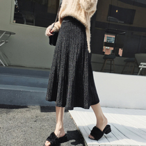ins super hot knitted skirt autumn and winter womens 2022 new high-waisted skirt mid-length bright silk a-line pleated skirt