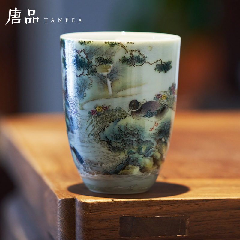 Kung fu tea powder enamel all hand - made scenery duck fragrance - smelling cup of jingdezhen ceramic cup personal Lord archaize porcelain collection