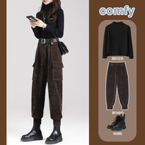 Corduroy overalls children slim high waisted autumn and winter 2020 New loose bunch feet striched Harlan casual pants tide