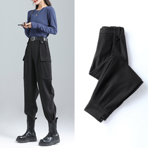 Black overalls womens slim high waisted spring 2021 New loose bunch feet handsome casual pants tide ins