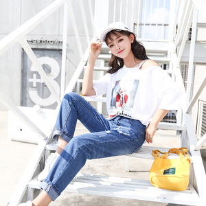 宽松萝卜牛仔裤子2019新款春秋哈伦女高腰老爹直筒九分阔腿裤网红