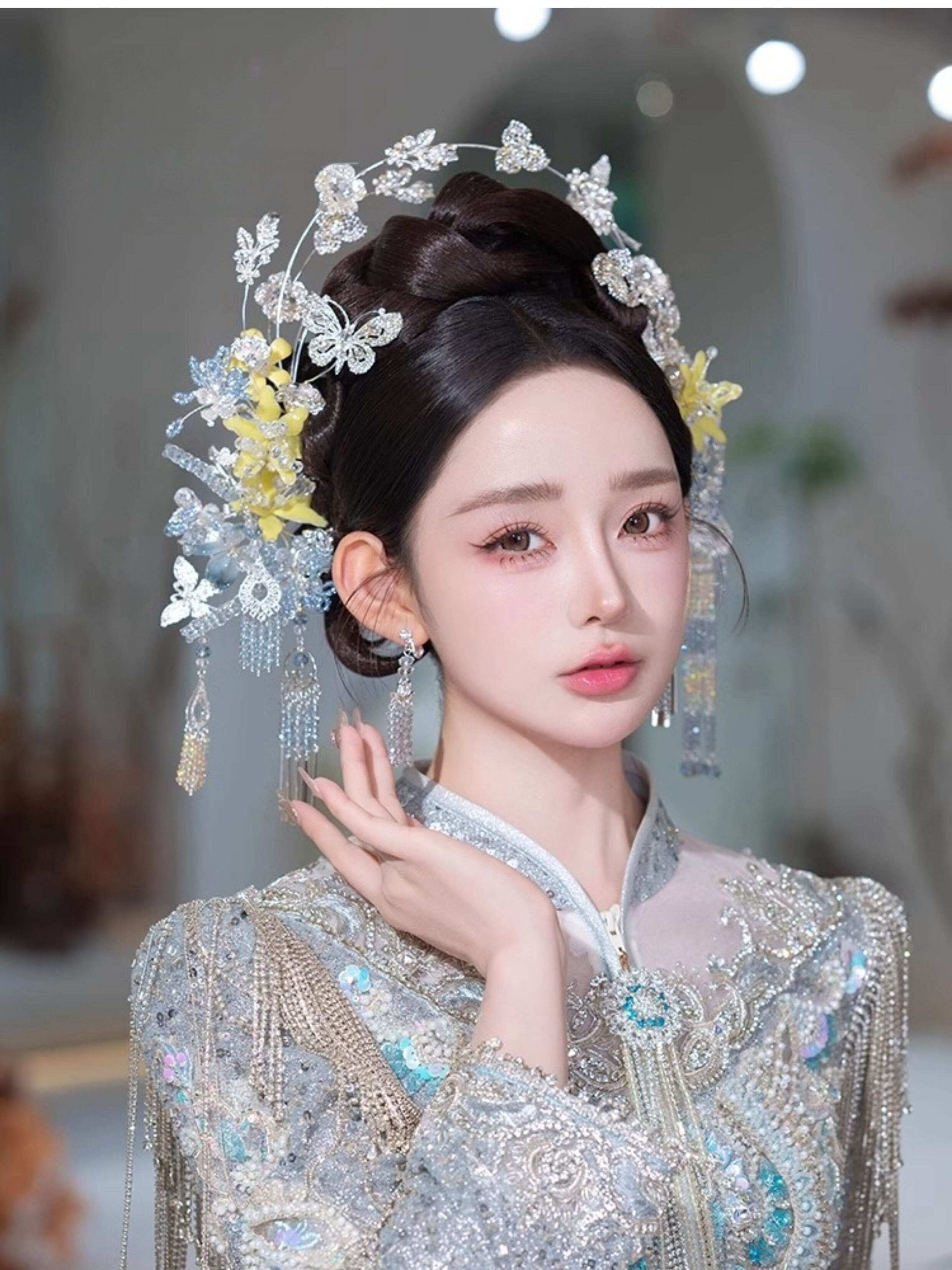 蓝色中式新娘秀禾服头饰减龄古风汉服龙凤褂结婚传统古装婚礼发饰