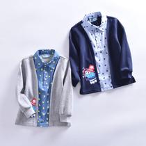 Very small fish 26571 boy spring autumn knitted pure cotton soft baby casual style fake two sets jacket long sleeves