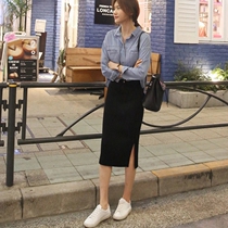 Spring and summer side open fork casual skirt slim slim slim one-step skirt long knee skirt childrens hip black skirt