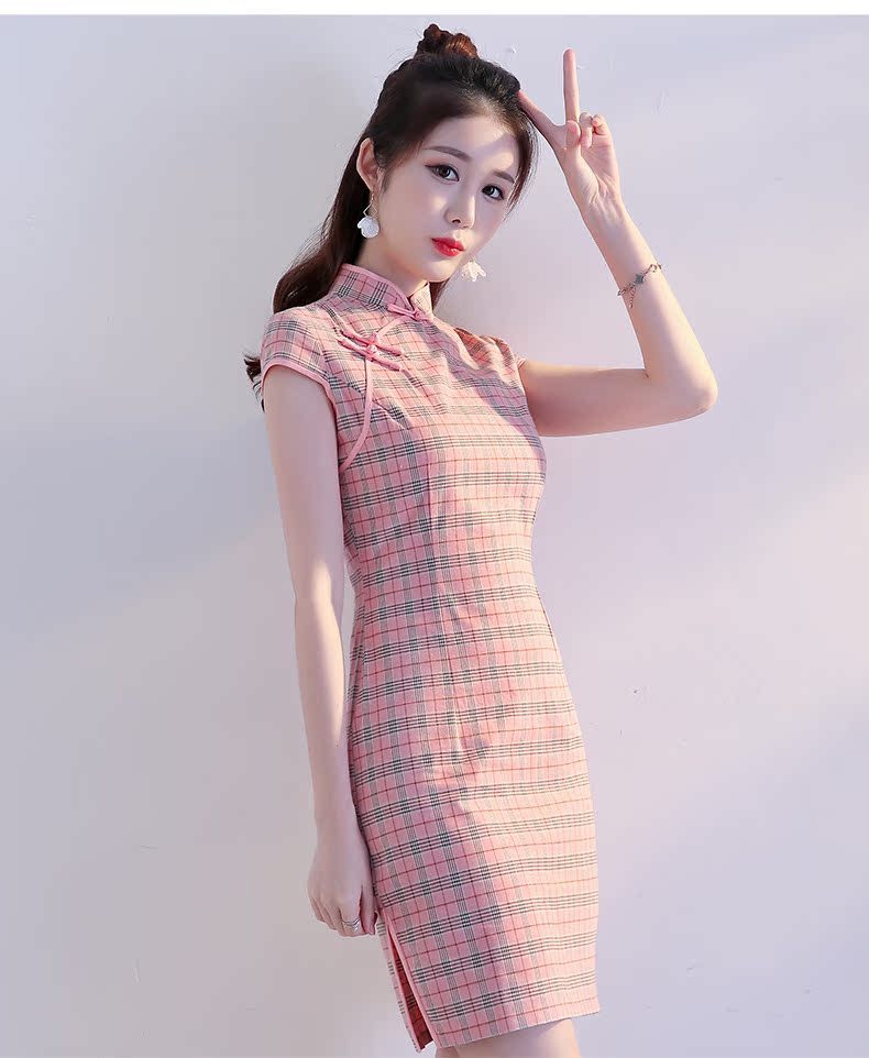 改良旗袍短款2018新款秋季小清新文艺格子复古修身学生少女连衣裙