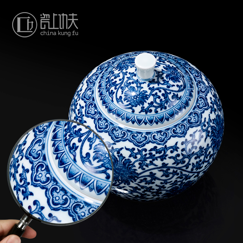 Jingdezhen ceramic tea cover pot of blue and white tie up branch lotus hand - made Chinese style household seal pot large tea storage tanks