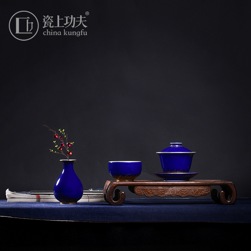 Jingdezhen ceramic ji blue hand - made paint kung fu tea sets high - end gifts tureen large living room office