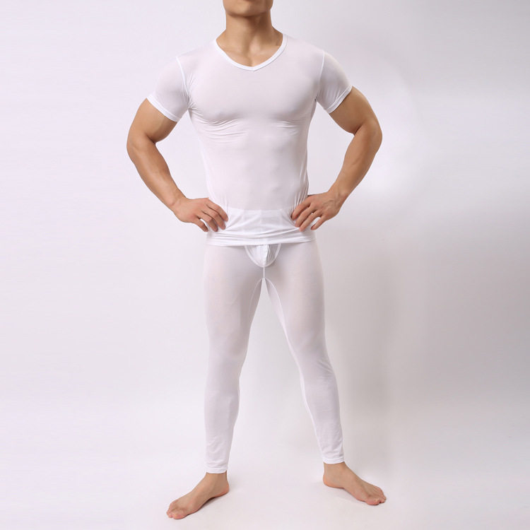包邮男士冰丝超薄短袖t恤修身透明内衣睡衣凉爽丝滑超薄塑身衣男