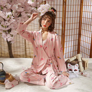 菲相依睡衣女秋长袖纯棉韩版三件套装火烈鸟日式和服甜美家居服冬