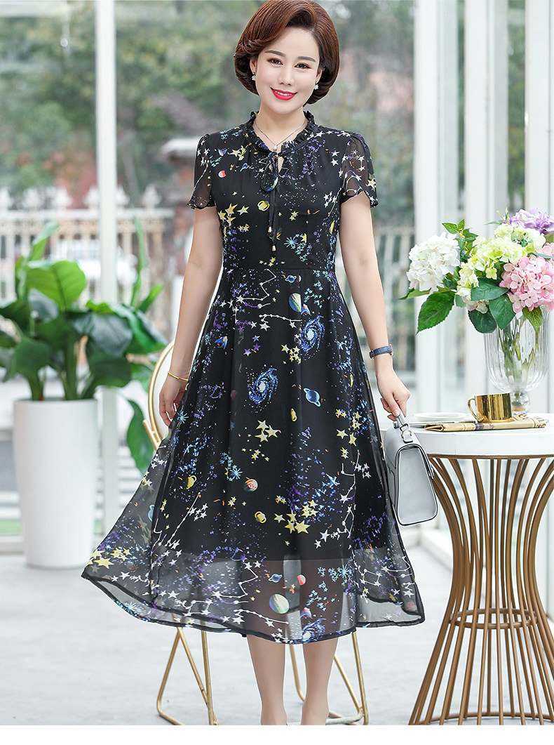 恋名媛中老年女装 恋名媛妈妈夏装雪纺连衣裙40岁50中年女装碎花过膝