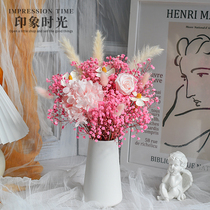 Yongsheng Rose Full Star Living Room Furnishing Genuine Flowers Upscale Light Lavish Reed Mesh Red Decorative Pendulum with Dried Flowers Bouquet