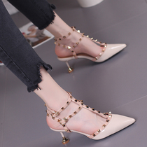 Womens shoes 2021 New rivets one-word buckle with thin heel sandals pointed sexy bag head high heels cat single shoes