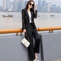 Cool Jia simple trend OL lace stitching slim jacket all-match casual pants autumn two-piece set female 5855