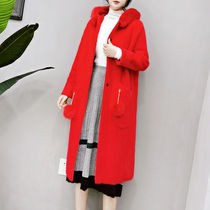 Coolga Korean version of autumn and winter fashion solid color mid-length comfortable hooded sweet and elegant imitation mink coat female 2856