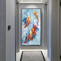 New Chinese style nine fish picture porch Wall decorative painting corridor hanging painting into the house vertical version modern simple aisle hand painted oil painting