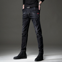 men's Korean style fashion autumn fleece black jeans men's slim fit fashion pencil pants men's casual long pants