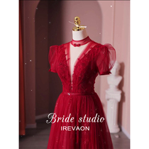 Ian summer bride wedding toast dress short high collar red back door dress skirt women bubble sleeves 2021 new