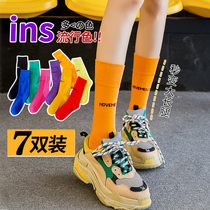 Socks womens spring and autumn thin mid-tube socks ins tide long tube color candy color net red sports stockings high tube cotton