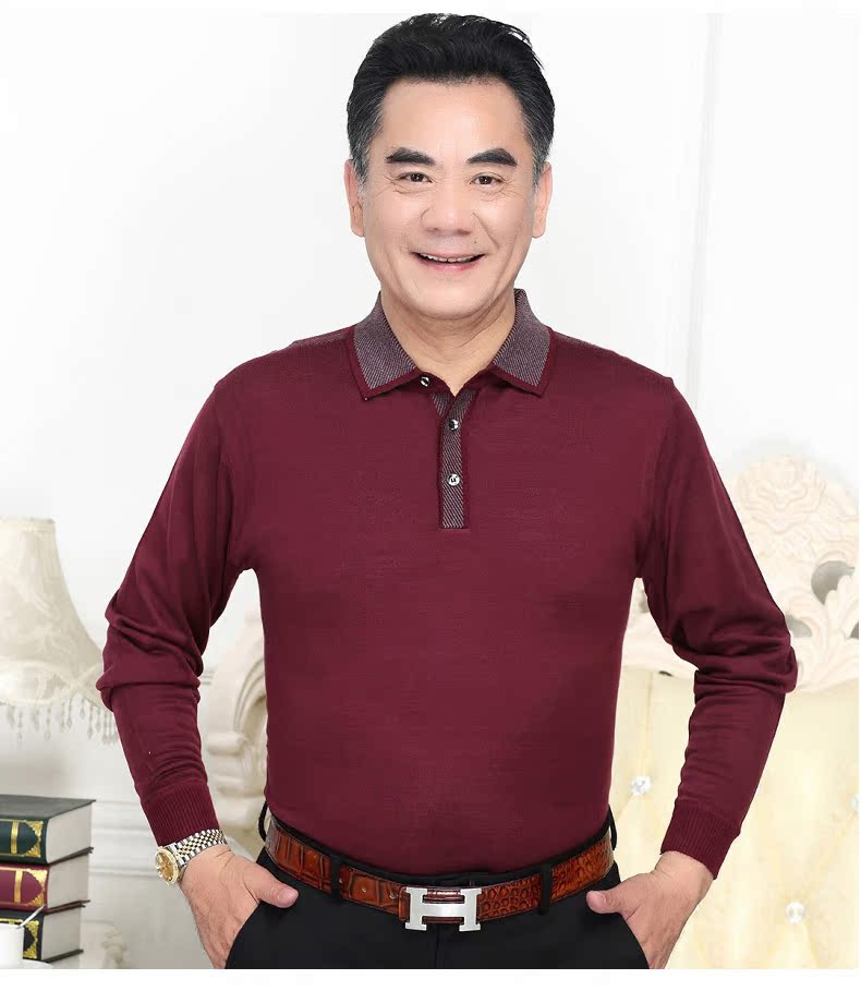 秋天衣服男士长袖t恤翻领宽松纯色t桖男中年薄款有领中老年爸爸装