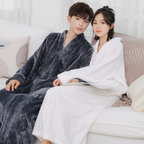 Flannel robe Womens autumn and winter long thick lazy pajamas pregnant womens nightgown fat MM coral velvet couple bathrobe men