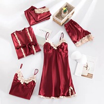 Ice silk pajamas female spring and autumn suspenders chest pad summer thin nightgown five sets sexy bathrobe ladies robe