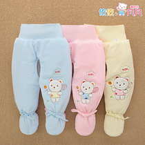 Baby cotton pants newborn baby autumn and winter clothing high waist belly pants newborn children open gear with bag feet thick and velvet pants