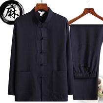 2021 spring and summer cotton and linen long-sleeved Tang suit mens suit Chinese style middle-aged and elderly shirt dad outfit Grandpa Hanfu