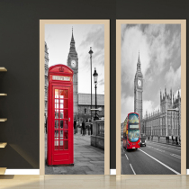 Nordic Style Parisian Street Red Telephone Hall Door Stickers Whole Hairdresden Retro Black And White Red Themes Appliqués