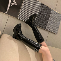 Muffin thick primer leather knee-high boots Womens autumn and winter leather lace-up high-barrel knight boots Leather boots