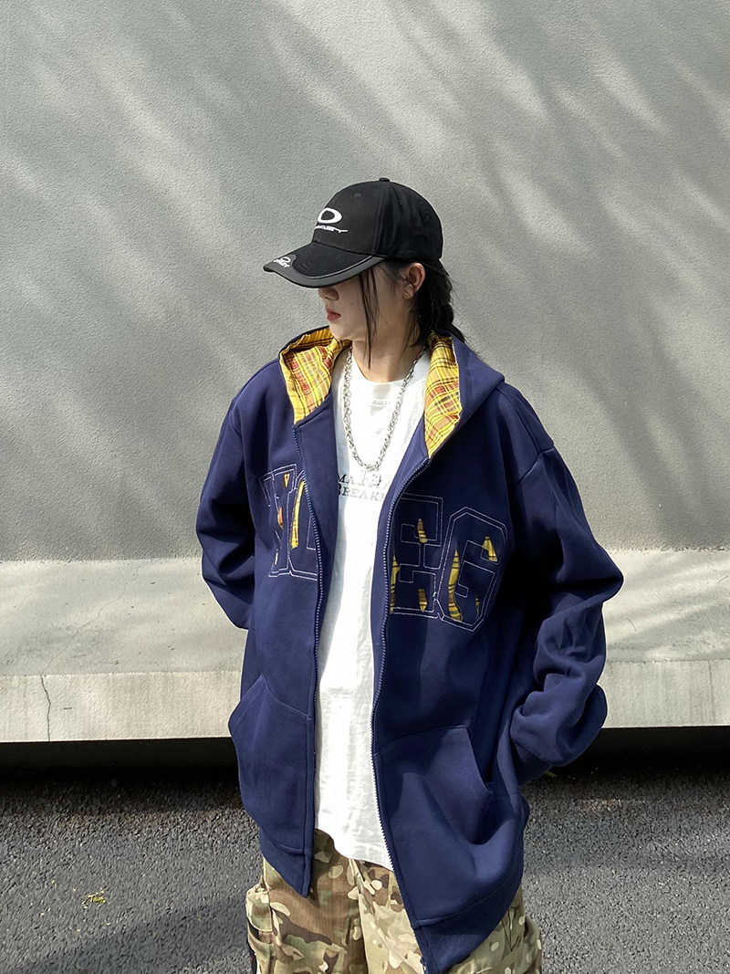 cemoliqiu美式oversize格子拼接连帽卫衣男复古街头小众开衫外套