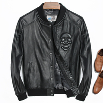 Baseball clothing leather leather mens sheep jacket Haining casual short slim slim motorcycle Korean mens coat