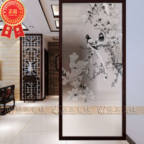 Art glass screen partition entrance frosted transparent tempered glass Custom shoe cabinet partition craft glass flowers and birds