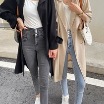 Stretch jeans with long windbreaker set 2021 early autumn European and American retro slim pants plus British coat women