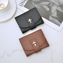 Genuine leather wallet Short-style female trifold buckle 2022 new pure color headlayer Bull Leather Wallet with Multi-Clamping Card Bag Tide