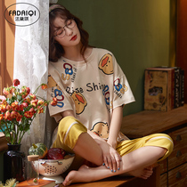 Pajamas womens summer thin cotton short-sleeved three-point pants Cute cartoon girl student suit can be worn outside home clothes