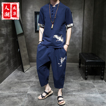 Summer Chinese style linen suit mens Hanfu ancient style fairy crane embroidery retro tide brand Youth Mens Tang suit