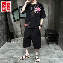 Summer Chinese style linen suit mens Hanfu ancient style Fairy Spring dress loose youth Tang suit two-piece tide