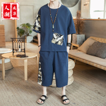 Summer Chinese style suit male retro leisure and loose young cotton linen short-sleeved T-shirt two sets of male tang clothes