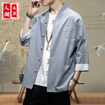 Chinese style mens summer mens Hanfu retro style jacket fairy air Costume embroidery Tide brand cotton and linen short sleeve Tang suit