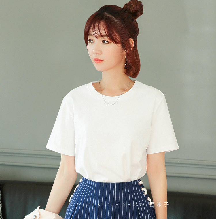 夏装韩版纯色纯棉短袖t恤女白色宽松圆领2018新款上衣半袖打底衫