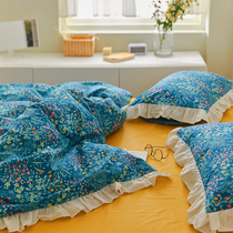 Plants and flowers lace cotton four-piece set ruffles small floral cotton student dormitory sheets three-piece cotton