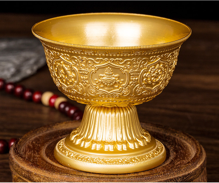 高脚八吉祥供水碗西藏佛教用品佛前供奉八供净水杯金色口径7.2cm