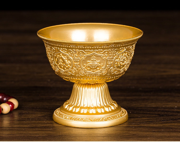 高脚八吉祥供水碗西藏佛教用品佛前供奉八供净水杯金色口径7.2cm