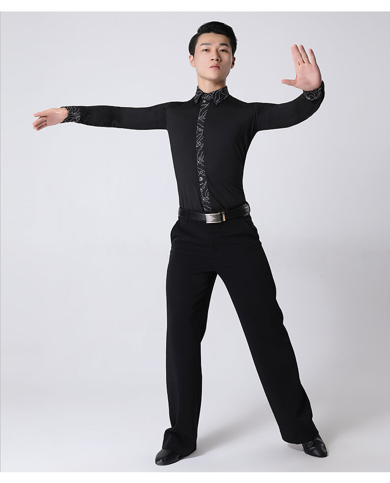 丹宝罗摩登舞衬衫男成年拉丁舞长袖练功服黑色国标舞上衣表演服装