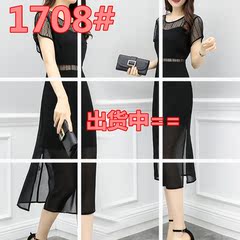 雪纺连衣裙2018夏季新款女装时尚气质显瘦蕾丝拼接韩版黑色长裙子
