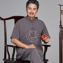 Middle-aged and elderly people Tang suit Chinese style summer Chinese old clothes cotton linen short sleeve grandfather summer suit