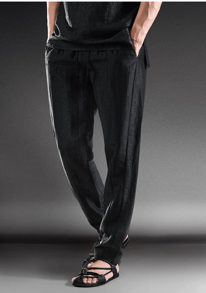 香云纱男士休闲裤夏季中国风男装九分裤宽松薄款裤子桑蚕丝男裤潮